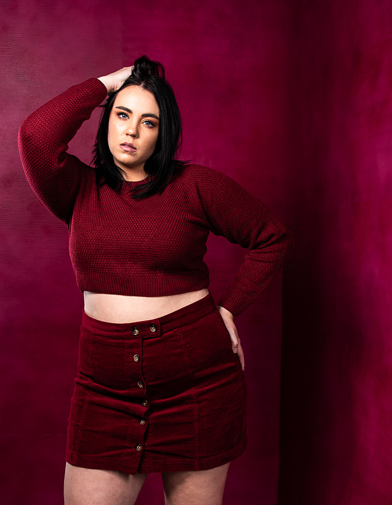 Black hair blue eyed girl in monocromatic burgundy themed fashion and DIY spraypainted backgound. Alyssa Bryn Photography. Bryssa. Bryssa Blog.