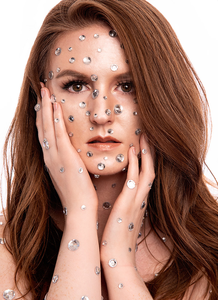 Red hair hazel eye girl with natural makeup and rhinestone pox on her face. Alyssa Bryn Photography. Bryssa. Bryssa Blog.