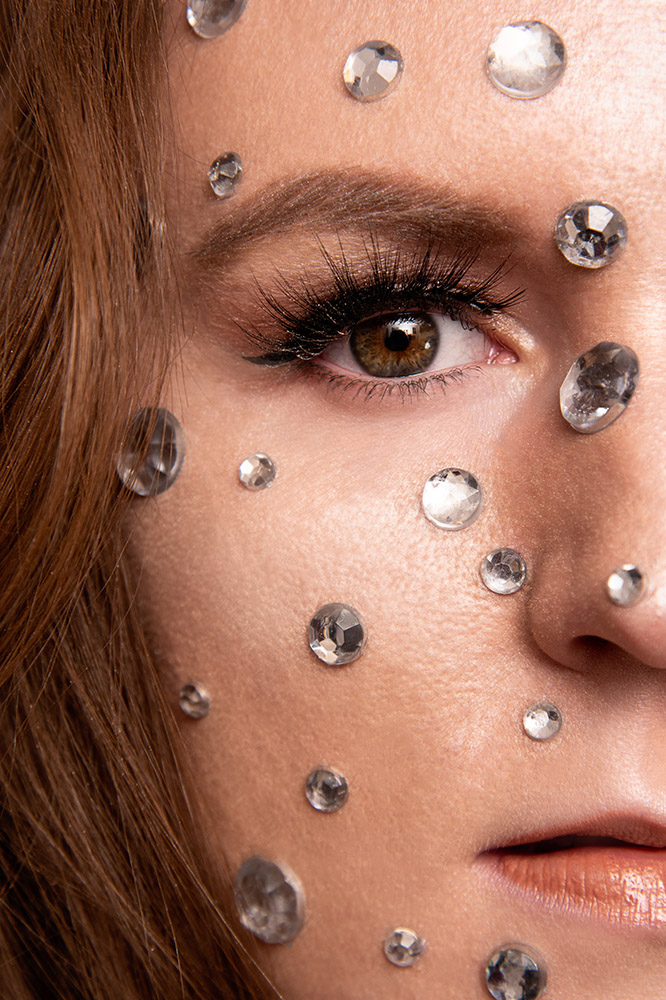 Red hair hazel eye girl with natural makeup and rhinestone pox on her face. Alyssa Bryn Photography. Bryssa. Bryssa Blog.